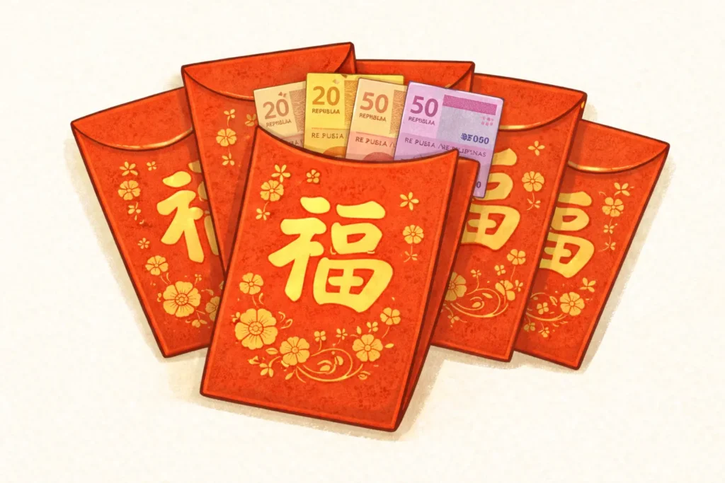 「アンパオ」と呼ばれる、中国由来のお年玉文化。 西洋のクリスマスも、このアンパオの袋でやり取りされることが多い。