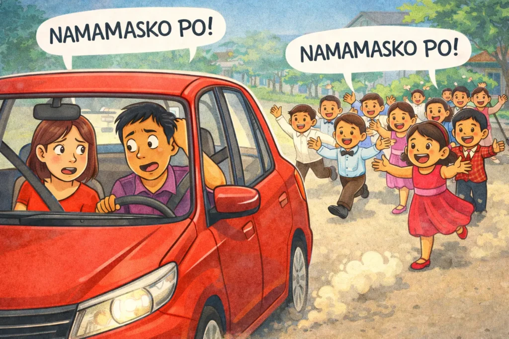 峠で子供達に追いかけられる図