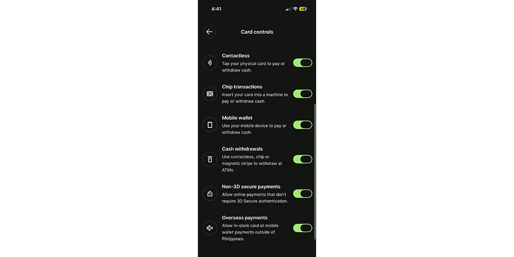 スクリーンショット：Card Controls画面2枚目