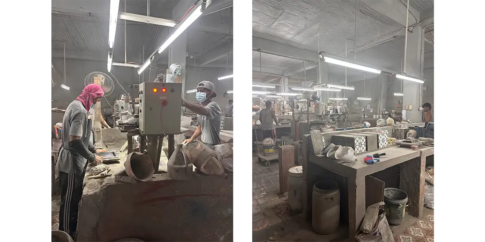 マチュカタイル工場内。機械といえば、圧縮機ぐらいで、とは全て手作業。作業員の方々は、防護服など一切なしでやってるけど病気にならないか心配。