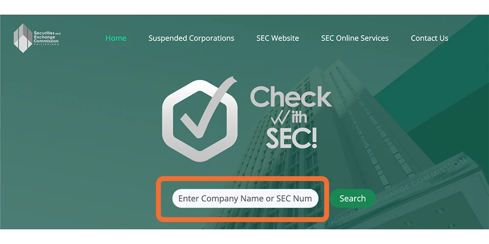 フィリピンのSEC（証券取引委員会）のページ
