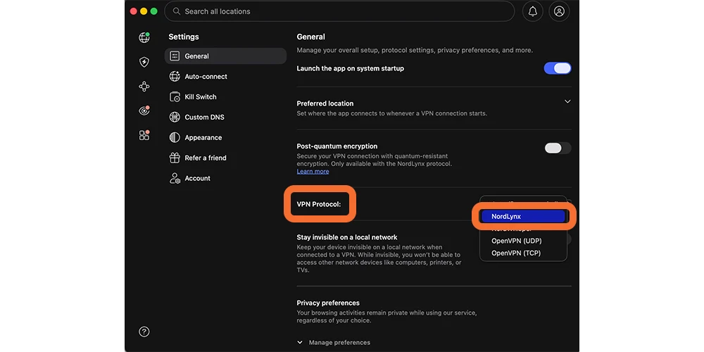 「General(一般)」タブの中に「VPN Protocol(プロトコル)」という項目がある