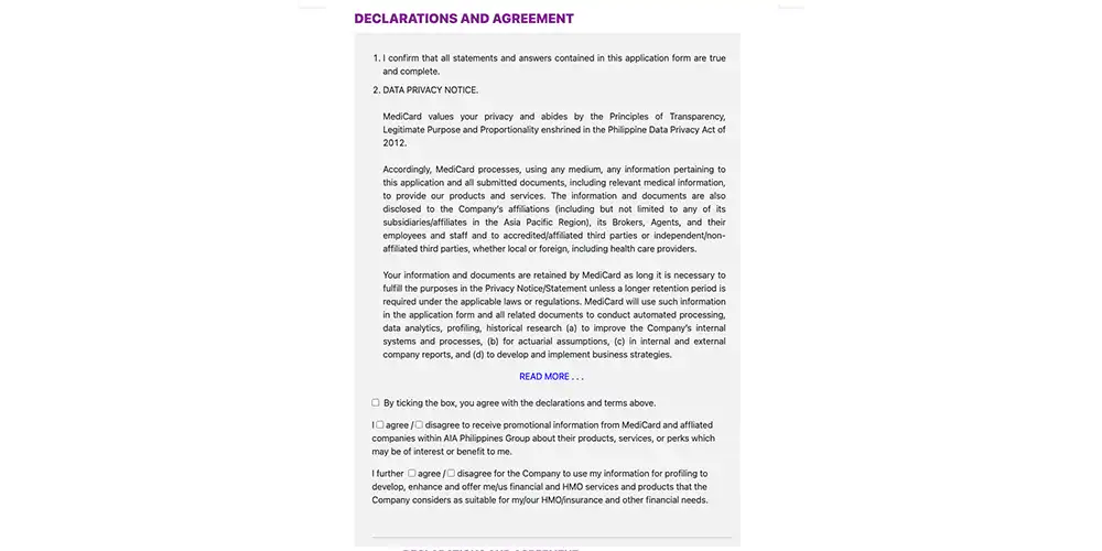 Declarations and Agreementのスクリーンショット
