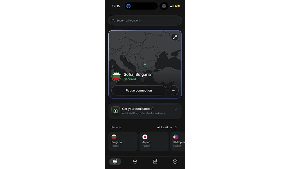 Sofia, Bulgariaに接続。「Secured」と表示されればOK
