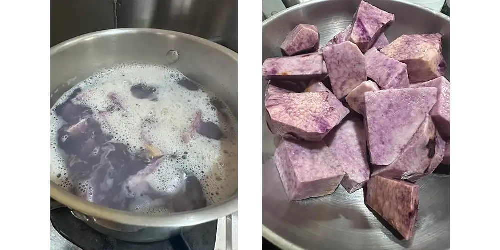 After 10 minutes of simmering, the color wasn't as bright as I expected. Unlike many commercial ube products, fresh ube has a much softer, more natural purple hue.