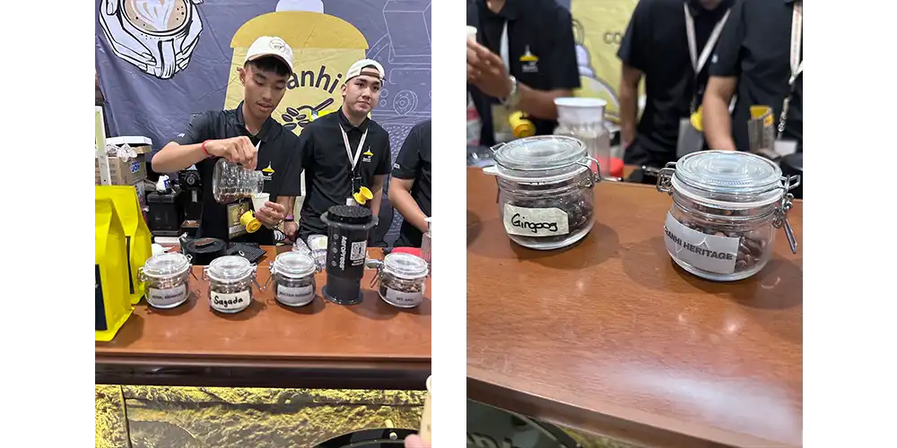 Beanhiのブースにて。ローカルの豆がずらっと並ぶ。