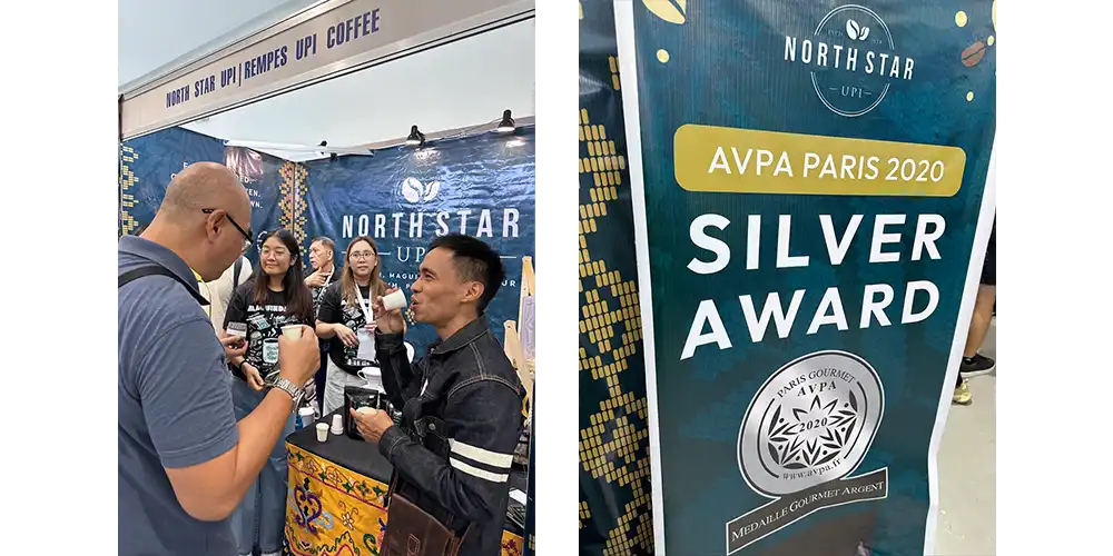 North Star UPI のブースで試飲するライアンとアリエル。ここでは発酵したコーヒー豆を展示していました。